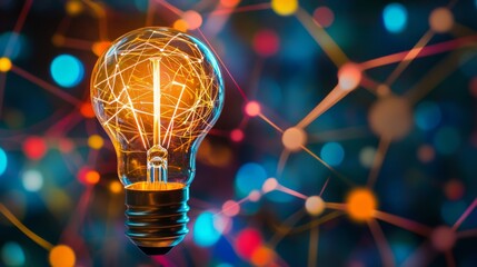 Wall Mural - a light bulb connected to a network of colorful lines and dots, symbolizing interconnected ideas in 