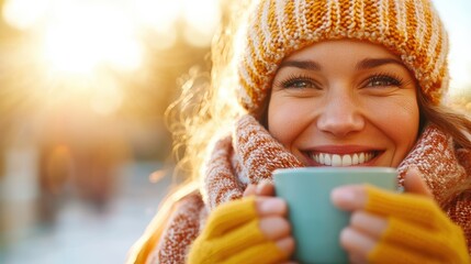 Wall Mural - A happy woman cozily wrapped in warm autumn attire including a hat and scarf enjoys a hot beverage, standing outdoors with a backdrop of golden sunlight flooding the scene.