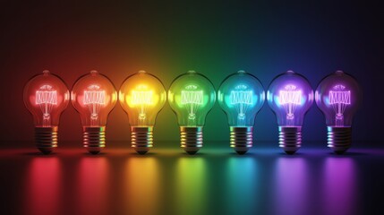 Wall Mural - a row of light bulbs with one glowing in vibrant colors, representing a standout smart idea in busin