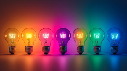Wall Mural - a row of light bulbs with one glowing in vibrant colors, representing a standout smart idea in busin