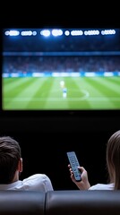 Wall Mural - An Asian couple watches a soccer match on TV, with the man holding a remote control, both engaged in the game in their comfortable living room