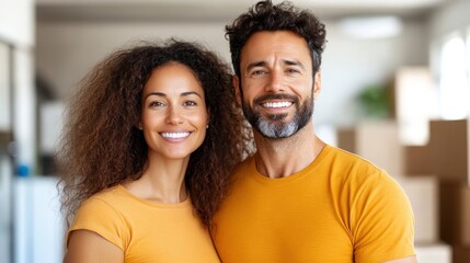 Wall Mural - A cheerful couple dressed in matching yellow shirts smiles warmly for the camera while standing indoors, surrounded by an organized and homely environment.