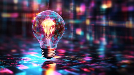 Wall Mural - a light bulb emerging from a colorful digital grid, representing technological innovation in busines