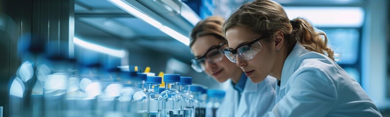 women in lab coats working on a machine, woman in science, banner, copy space