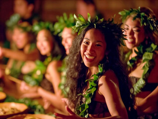 Poster - A group of women wearing leis and smiling. Scene is happy and joyful