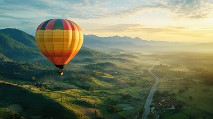 Wall Mural - Hot Air Balloon Soaring Over a Misty Mountain Landscape