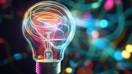 Wall Mural - a light bulb with colorful abstract lines radiating out, symbolizing the energy of a smart idea in b