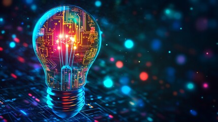 Wall Mural - a light bulb with colorful circuitry patterns, symbolizing tech-driven ideas in business