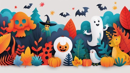 Wall Mural - High-resolution vector of an abstract cute Boo spooky Halloween display background with playful characters and bright colors, whimsical and artistic design 