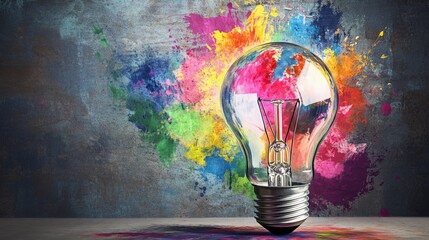 Wall Mural - a light bulb with colorful paint splashes, representing creative ideas in a business environment