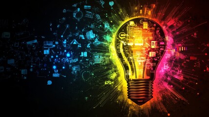 Wall Mural - a light bulb with colorful rays and digital icons, symbolizing modern business ideas