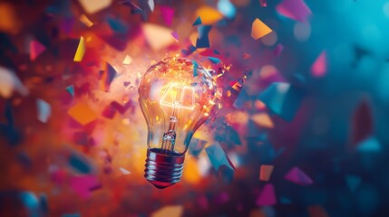 Wall Mural - a light bulb in a colorful explosion of shapes, representing the creative impact of smart ideas in b