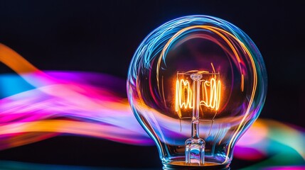 Wall Mural - A light bulb with colorful streaks of light, representing the speed of innovation in business