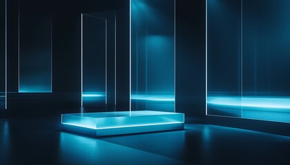 Poster - 3D Illustration of Sleek Glass Surfaces with Blue Lighting in a Dark Environment