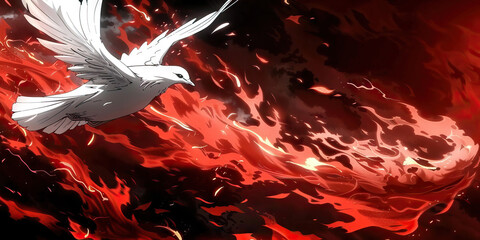 Canvas Print - Holy spirit, Dove in flames. Digital painting of a dove flying in the air on a red fire background.