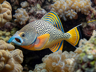 Wall Mural - A fish with a blue mouth is swimming in a coral reef. The fish is surrounded by many different types of coral and other sea creatures. The scene is vibrant and colorful