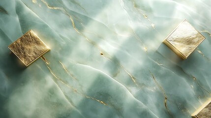 Poster - 3D Illustration of Light Green Marble Surface with Floating Gold Geometric Shapes