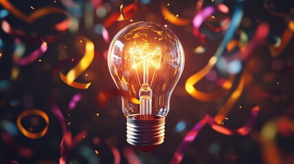 Wall Mural - a light bulb with colorful ribbons swirling around, symbolizing the celebration of smart ideas in bu