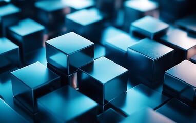 Poster - 3D Illustration of Smooth Metal Cubes with Brushed Surfaces in Dynamic Composition