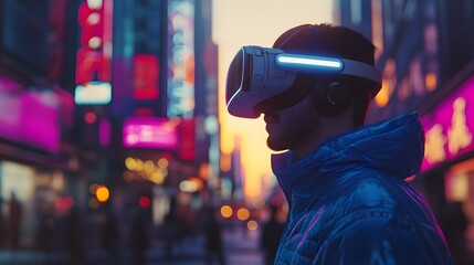 Man wearing VR headset, futuristic technology, busy city street background, early morning light, crisp clear atmosphere, blue jacket, urban landscape, neon signs, skyscrapers.