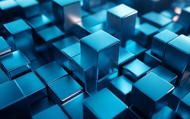 Poster - 3D Illustration of Smooth Metal Cubes with Brushed Surfaces in Dynamic Composition