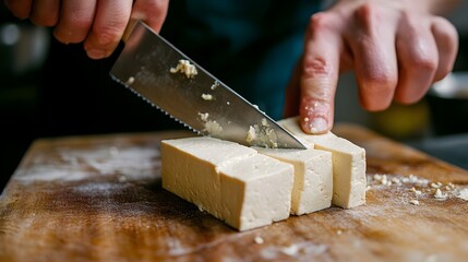 Chef s Knife Slicing Fresh Tofu Block on Wooden Cutting Board