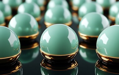 Poster - 3D Illustration of Light Green Spheres Arranged in a Grid with Gold Accents