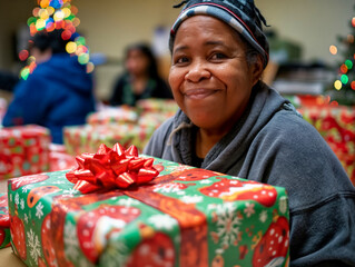 Wall Mural - A woman is holding a green and red gift box with a bow on it. She is smiling and she is happy