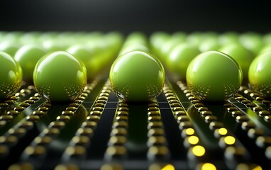 Poster - 3D Illustration of Light Green Spheres Arranged in a Grid with Gold Accents