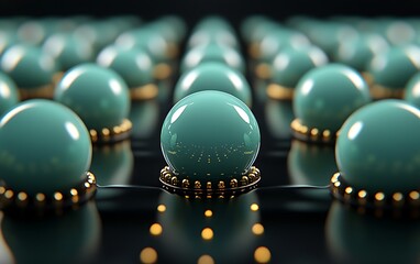 Poster - 3D Illustration of Light Green Spheres Arranged in a Grid with Gold Accents