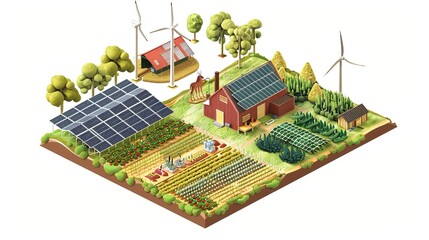 Eco-Friendly Community Farm with Solar Panels and Wind Turbines Illustration on Transparent Background