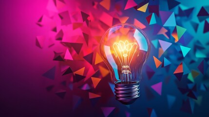 Wall Mural - a light bulb surrounded by colorful triangular shapes, symbolizing the multifaceted nature of ideas 