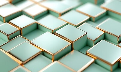 Poster - 3D Illustration of Light Green Cubes with Gold Edges in a Staggered Pattern