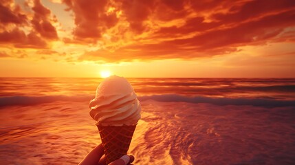 Wall Mural - Sunset beach scene, hand holding vanilla ice cream cone, vibrant orange sky, fiery clouds, golden hour light, ocean waves, silhouette, soft focus, dreamy atmosphere, pastel colors.