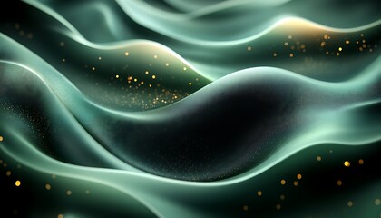 Poster - 3D Illustration of Light Green Waves with Gold Highlights on a Black Backdrop