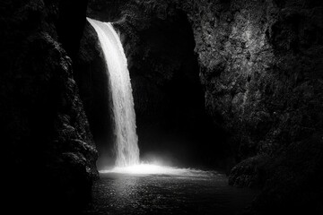 A white waterfall cascading down a dark, rocky cliff into a shadowy pool. 