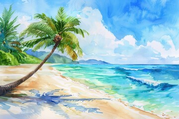 Wall Mural - Tropical Oasis: Hand-painted Seascape of Paradise Beach with Palm Trees and Crystal Blue Waters