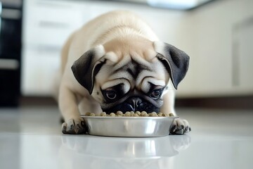 Wall Mural - domestic dog eating dry food from a bowl on interior home background	
