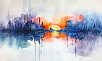 Wall Mural - Watercolor abstract twilight reflections on white.