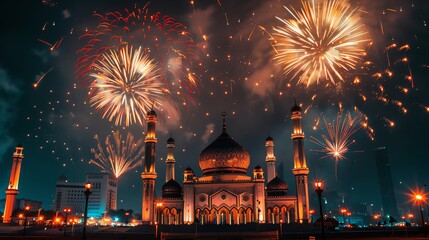 Red and gold fireworks bursting in the night sky over traditional architecture