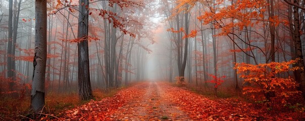 Wall Mural - Pathway through a misty autumn forest