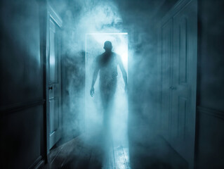 Canvas Print - A man is walking through a foggy room with a door in the background. The room is dark and the man is the only visible figure. The atmosphere is eerie and mysterious