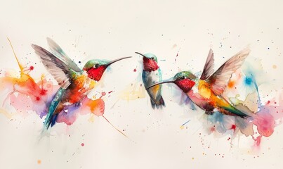 Wall Mural - Abstract hummingbirds in watercolor on white.