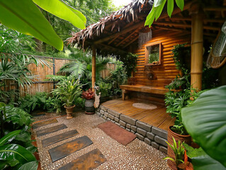 Wall Mural - A small garden with a wooden hut and a shower. The hut is covered with leaves and the shower is on the porch