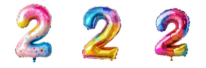 Colorful birthday number two balloons isolated on transparent background