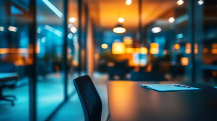 A night-time view of a beautifully abstract, blurred office interior room. The working space is depicted with a defocused effect, creating a soft and elegant ambiance that highlights the room's modern