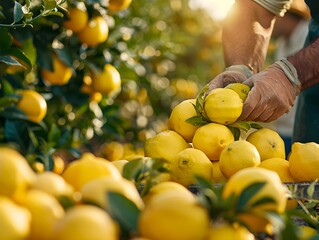 Wall Mural - Harvesting fresh lemons on a sunny afternoon in an orchard