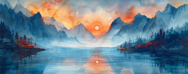 Wall Mural - Watercolor abstract mountain lake at sunrise.