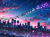  skyscrapers of the evening city at sunset with magical notes of music AI generated