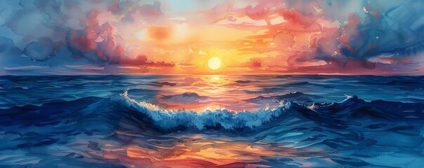 Wall Mural - Watercolor abstract sunset over a tranquil sea.